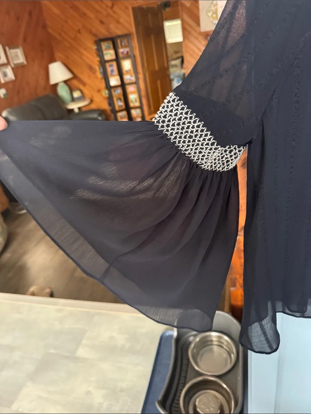 Chani Navy Sheer Bell-Sleeve Blouse with Cream Lace Trim